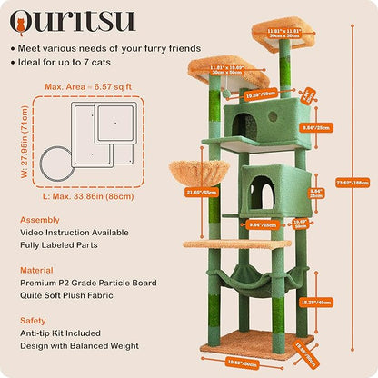 Ouritsu Cat Tree, 73.6 inch Tall Cat Climbing Tower for Large Cat Indoor with 2 Large Condos, 2 Widened Perches, Sisal Covered Scratching Posts, 2 Hammocks, Cactus Green, XLF001GB
