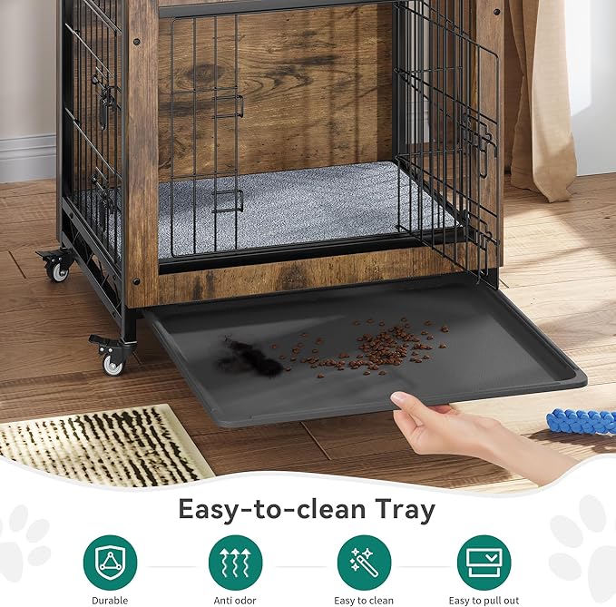 YITAHOME Dog Crate Furniture with Cushion, Dog Kennel Indoor with Wheels, 27" Dog Cage with Double Doors for Small Dog (Rustic Brown)