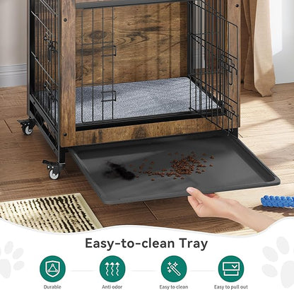 YITAHOME Dog Crate Furniture with Cushion, Dog Kennel Indoor with Wheels, 27" Dog Cage with Double Doors for Small Dog (Rustic Brown)