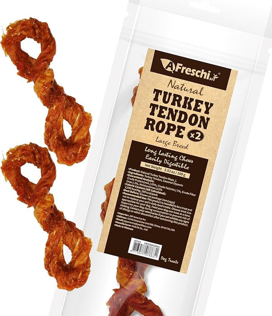 Afreschi Turkey Tendon for Dogs, Large Rope 3.53 oz, USA-Sourced Turkey, All Natural Human Grade Dog Chew, Hypoallergenic, Rawhide Alternative, Dog Treats for Large Breeds