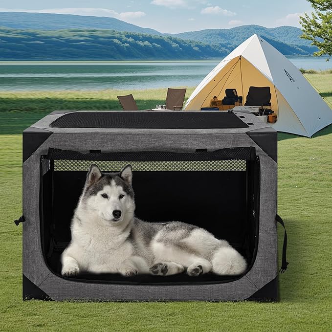 30 Inch Portable Travel Dog Crate, 3 Door Collapsible Soft Pet Kennel with Durable Mesh Windows for Medium Dogs, Foldable Dog Cage with Storage Pocket for Outdoor (Dark Grey)