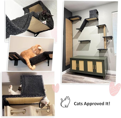 FUKUMARU Cat Wall Shelves, Stable & Safe 4 in 1 Cat Furniture Set, Wooden Climbing Wall with Scratching Post for 16 Inch Drywall - Gray