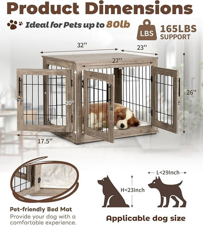 Dog Crate Furniture, 32 inch Medium Dog Crates with Bed Mat, Wooden Dog Kennel Furniture, End Side Table Dog Cage with 3 Doors, Greige