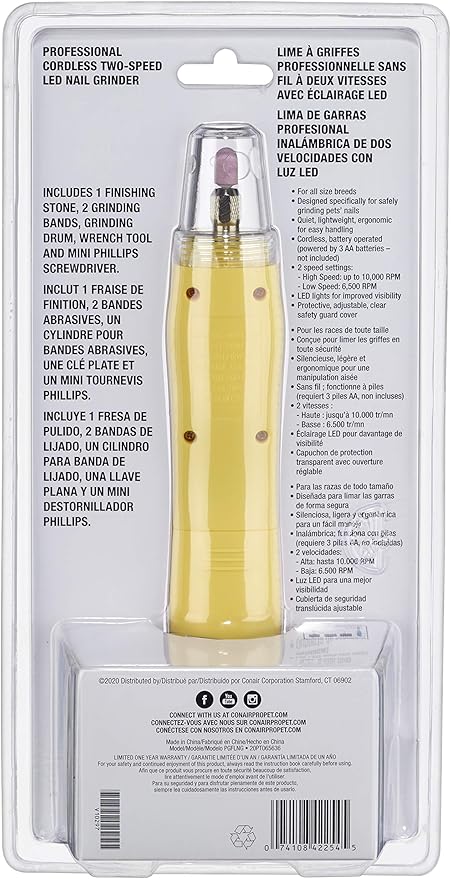 CONAIRPROPET Dog & cat Nail Grinder Cordless for Professional Grooming at-Home with LED Lights and Attachments Included