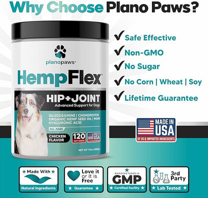 HempFlex - Glucosamine Chondroitin for Dogs - Hemp Oil for Dogs - Safe Dog Joint Supplement for All Breeds - 120 Mobility Hemp Dog Treats - Hip & Joint Support for Dogs - Joint Supplement for Dogs