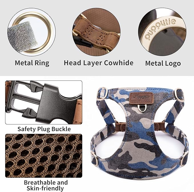 Dog Harness, No Pull Dogs Harness and Multi-Function Leash Set for Medium Dogs Easy Walk Everyday Adjustable Soft Dog Vest Harness Fashionable Dog Accessories Camouflage Blue-L