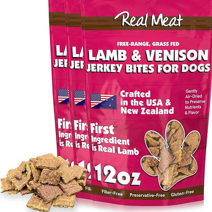 Real Meat Dog Treats - Three 12oz Bag of Bite-Sized Air-Dried Lamb & Venison Jerky for Dogs - Grain-Free Jerky Dog Treats with 95% All-Natural, Human-Grade, Free-Range, Grass Fed Lamb & Venison