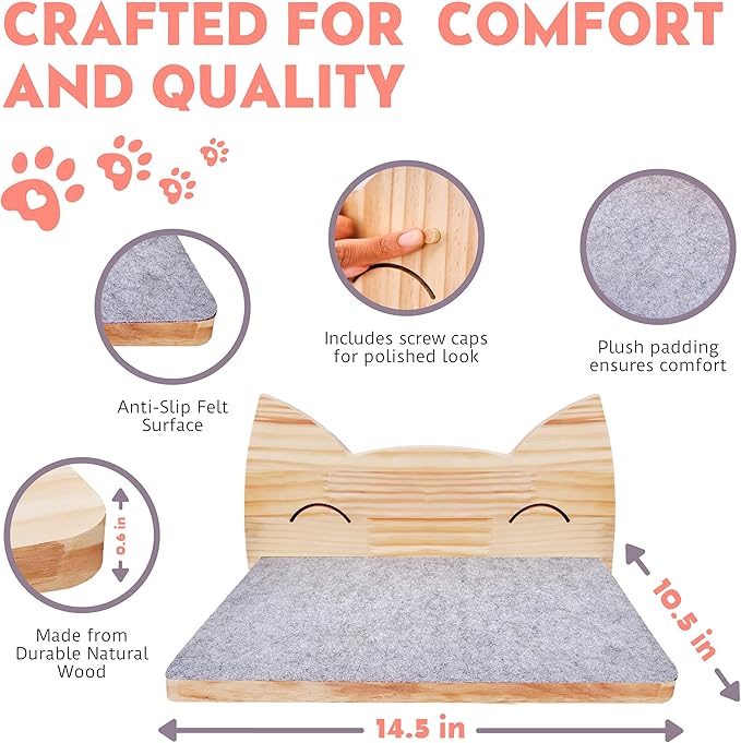 IDAE Cat Wall Shelf – Modern Wall-Mounted Furniture with Face Design – Wooden Perch for Large Indoor Pets – Natural Pine Climbing Shelf