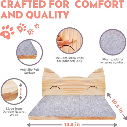 IDAE Cat Wall Shelf – Modern Wall-Mounted Furniture with Face Design – Wooden Perch for Large Indoor Pets – Natural Pine Climbing Shelf