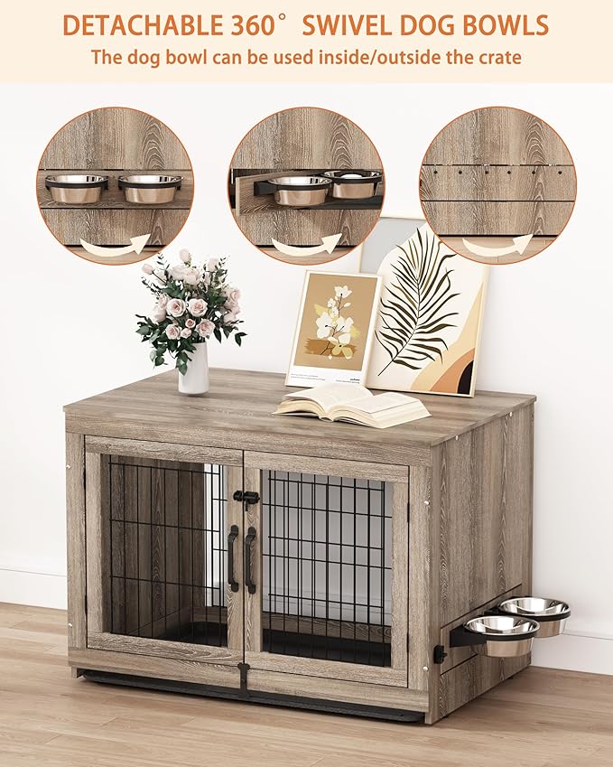Piskyet Wooden Dog Crate Furniture with 360°Rotatable Removable Dog Bowls, Dog Crate End Table with Tray, Double Doors Dog Kennels for Dogs(XL:43.2" L*28.6" W*30.3" H, Gray)