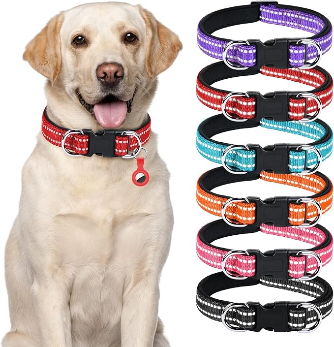 AUAUY Reflective Nylon Dog Collars, Adjustable Classic Pet Collars with Soft Neoprene Padding, Double Security Dual D-Ring and Quick Release Buckle for Small Puppy, Medium and Large Dogs (Red-L)