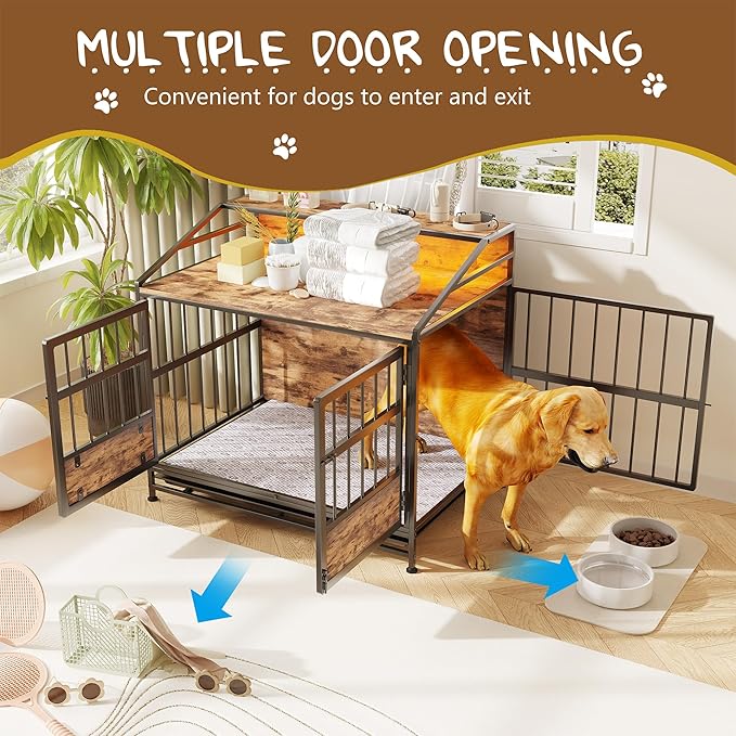 Ball & Cast 24" Multi-Function Dog Crate Furniture with Storage,3-Door Access Wooden Kennel for 26-40 lbs Dogs,Double Doors with Pull-Out Tray,Waterproof Indoor Pet House,Easy Assembly,Black Brown