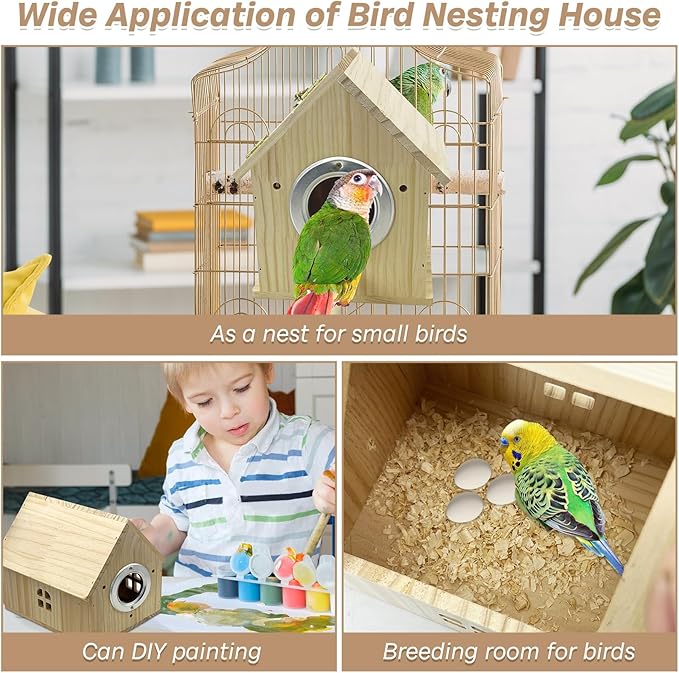 PINVNBY Parakeet Nesting Box Wooden Bird House for Cage Parrot Breeding Mating Box for Lovebirds CockatielFinch Cockatoo Canary and Small and Medium-Sized Birds (L: 7.91 * 6.81 * 6.69 inch)