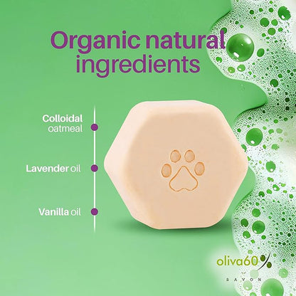 Natural Dog Shampoo Bar with Colloidal Oatmeal, Lavender, and Vanilla | Eco-Friendly, Long-Lasting Dog Bath | Sensitive Skin | Sulfate-Free, Nourishing Oils for Shiny Coat | Dog Essentials | Oliva 60