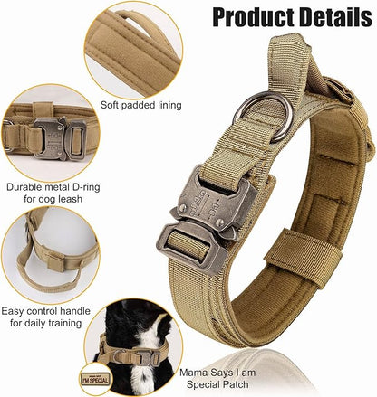 KCUCOP Tactical Dog Collar with Handle,Adjustable Military Dog Collar with Metal Buckle and Patches,Heavy Duty Dog Collars for Large Dogs (Brown-XL)