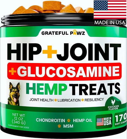 Hemp Hip and Joint Supplement for Dogs - Glucosamine for Dogs - 170 Joint Pain Relief Treats - Chondroitin, MSM, Hemp Oil - Advanced Health Supplement - Mobility Support Chews - Made in USA