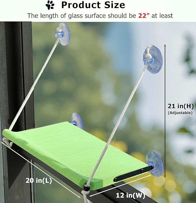 Cat Window Perch for Large Cats,Foldable Hammock with 4 Heavy Duty Suction Cups,Solid Metal Frame,Scratchable Felt Feline Bed for Sunbathing,Napping & Overlooking(Green)