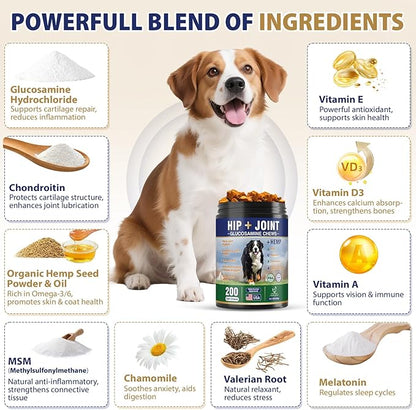 Hip and Joint Supplement for Dogs 200 Hemp Dog Calming Chews with Glucosamine, Chondroitin, Msm, Omega 3, Melatonin for Senior Dogs Anxiety, Dog Pain Relief Anti Inflammatory Small/Medium/Large Breed