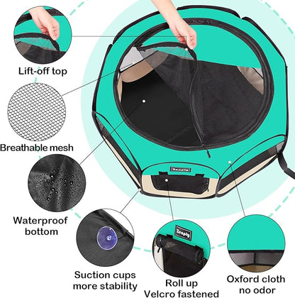 Portable Pet Dog Playpen, Pet Playpen Foldable Extra Heavy Duty Pop Up No Assembly Kennel Tent Crate Indoor Outdoor with Shade Ventilation Mesh for Small Dog, Kitten, Cat, Rabbit (Turquoise)