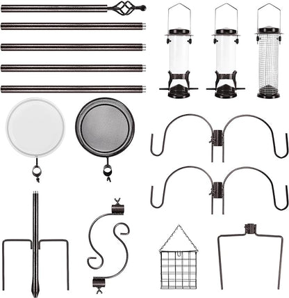 6-Hook Bird Feeding Station Kit, Wild Bird Feeder Stand Pole, Multi-Feeder Kit Stand with 4 Feeders, Bird Bath and Mesh Tray, 94 Inch