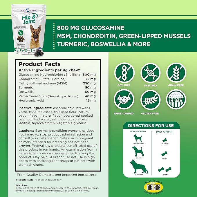 Vital Planet - Hip and Joint Soft Chews for Dogs, with Glucosamine, MSM, and Collagen from Green-Lipped Mussel - 30 Bacon Flavored Soft Chews