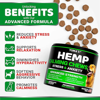 YUMA'S Hemp Calming Chews for Dogs - Advanced Dog Calming Chews - 170 Chews - Anxiety Relief Treats - Separation Aid, Barking, Stress Relief, Thunderstorms - Melatonin - Hemp Oil - Made in USA