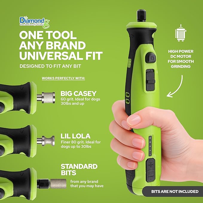 Rotary Tool for Dog Nail Grinding, Cordless, 8V Lithium Ion Battery, Lighted Tip, 4 Hour Run Time (Green)