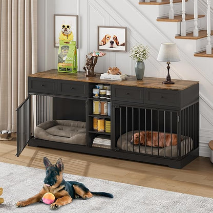 IDEALHOUSE 82” Large Dog Crate for 2 Dogs, Dog Kennel Indoor with 4 Drawers and Shelves, Double Dog Crate Furniture TV Stand, Wooden Dog Cage for Medium Large Dogs, Black
