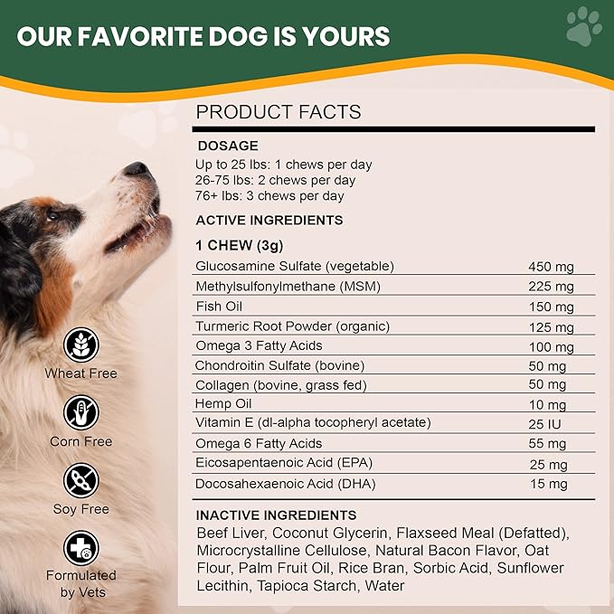 Veterinary Naturals Hemp & HIPS Joint Supplement for Dogs/Supports Relief from Hip and Joint Pain in Large, Aging Dogs (Regular, Beef & Bacon)