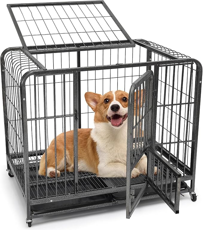 30Inch Dog Cage for Medium Size Dogs, Heavy Duty Dog Crate with Removable Tray, Metal Dog Kennel Indoor Escape Proof, High Anxiety Crate with Double Doors, Lockable Wheels