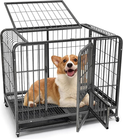 30Inch Dog Cage for Medium Size Dogs, Heavy Duty Dog Crate with Removable Tray, Metal Dog Kennel Indoor Escape Proof, High Anxiety Crate with Double Doors, Lockable Wheels