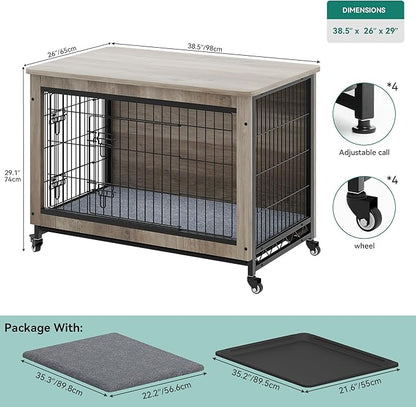 DWVO Dog Kennel Furniture with Cushion, 38" Wooden Dog Crate Furniture with Wheels, Dog Crate End Table with Tray, Dog Cage with Double Doors for Small/Medium Dog (Grey)