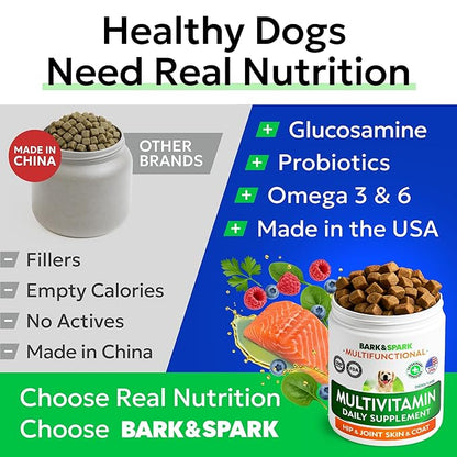 BARK&SPARK Dog Vitamins & Supplements - Multivitamin Chewable Treats for Dogs - Glucosamine Chondroitin for Joint Support + Omega for Skin & Coat + Probiotics - Multi Vitamin for Pets Health - 120Ct