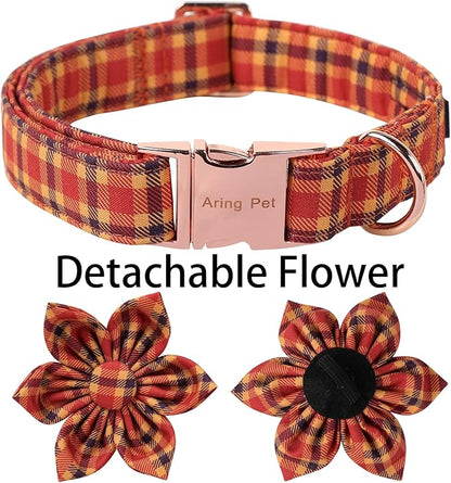 ARING PET Fall Dog Collar-Cotton Halloween Plaid Dog Collar with Flower, Adjustable Orange Halloween Dog Collars Pet Necklace with Metal Buckle for Girl&Boy Dogs