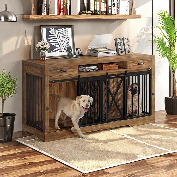 YITAHOME 63 Inch Double Dog Crate TV Stand with Charging Station, Heavy Duty Wooden Dog Crate Furniture for 2 Dogs, Dog Kennel Indoor Furniture Double Sliding Barn Door Design Ideal for 2 Dogs, Oak