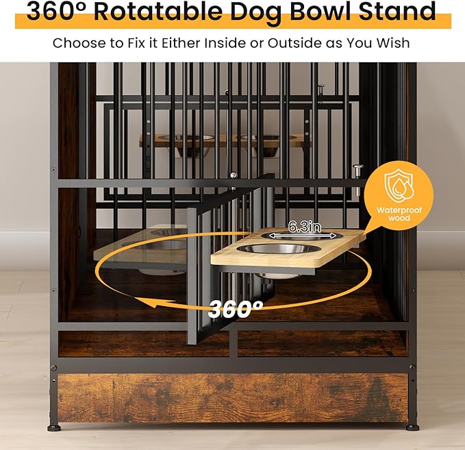 78 Inch Dog Crate Furniture with 4 Bowls, Double Dog Kennel Indoor with 360° Rotating and Adjustable Height Dog Bowl Holder, Brown Large Dog Wooden Crate with Divider for 2 Dogs