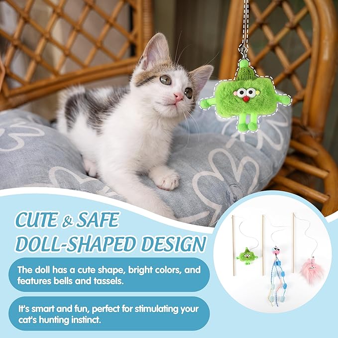 Elastic Plush Cat Wand Toy Funny Interactive Cat Fishing Pole Toy with Bell Soft Natural Wood Kitten String Toys for Indoor Cats Kittens Bored Cats (3 Pack)