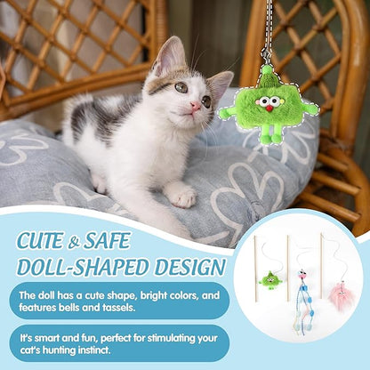 Elastic Plush Cat Wand Toy Funny Interactive Cat Fishing Pole Toy with Bell Soft Natural Wood Kitten String Toys for Indoor Cats Kittens Bored Cats (3 Pack)