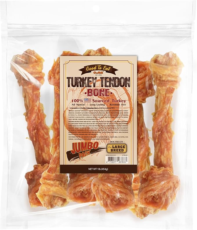Gootoe Turkey Tendon Dog Treats, Bone (L) 1 lb, 100% USA Sourced Turkey, Natural Snack, Premium Puppy Chews, Hypoallergenic, Rawhide Free, Reseal Value Bag, Size for Large Dogs