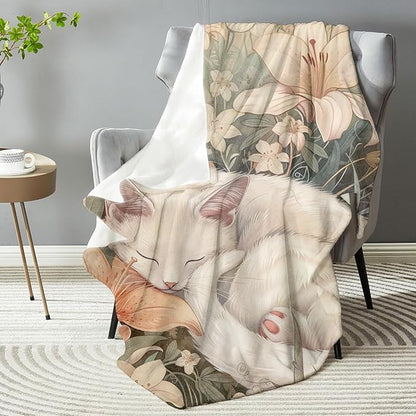Sleeping Cat Throw Blanket - Soft Plush Flannel Blanket, Lightweight, Comfy, Warm, Fuzzy, Anti-Pilling for Sofa, Bedroom, Bed, Outdoor Blanket for Men Boy 50in×40in