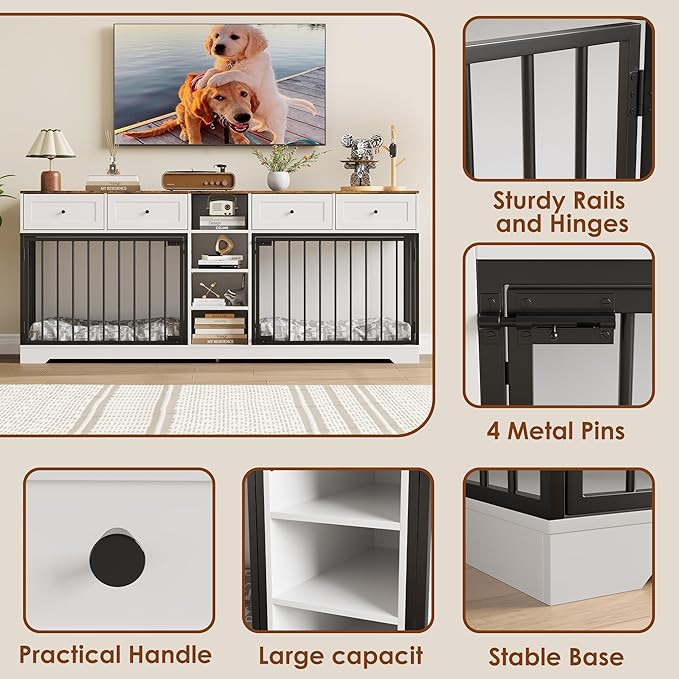 IDEALHOUSE 82” Large Dog Crate for 2 Dogs, Dog Kennel Indoor with 4 Drawers and Shelves, Double Dog Crate Furniture TV Stand, Wooden Heavy Duty Dog Crate for Medium Large Dogs, White
