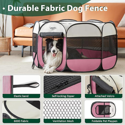 Love's cabin Pet Puppy Dog Playpen, Large Dog Tent Crates Cage Indoor/Outdoor, Portable Playpen for Cat, Foldable Pop Up Dog Kennel Playpen with Carring Case, Removable Zipper Top, Pink