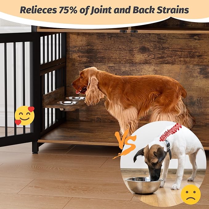 IDEALHOUSE Dog Crate Furniture, Large Dog Cage for Medium Dogs, 41 Inch Dog Kennel with Adjustable Raised Feeders, Indoor Heavy Duty Metal End Table Dog Crate with 2 Open Storage Shelves