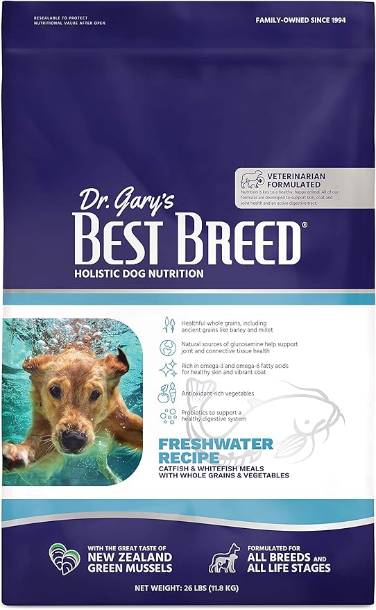 Best Breed Dr. Gary's Freshwater Recipe Made in USA [Natural Dry Dog Food for All Breeds and Sizes] - 26lbs, Dark Brown, 7-22301-88149-1