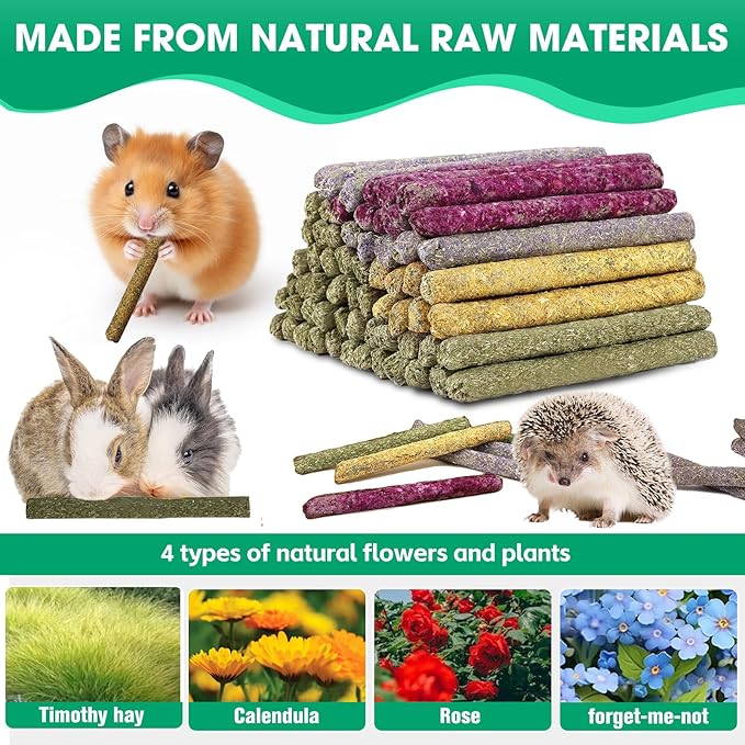 33 Pcs Rabbit Chew Sticks, Rabbit, Guinea Pig Toys, Natural Timothy Grass Molar Teeth Stick, Mixing Natural Flowers Chewing Toy, Small Animals Treats