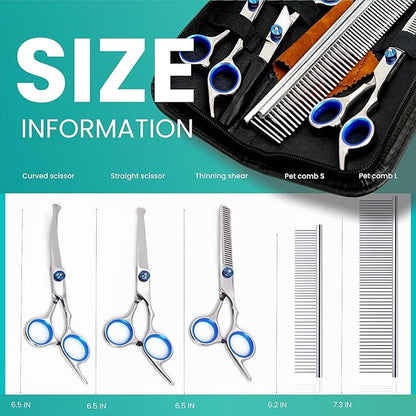 7 in 1 Dog Grooming Scissors Set with Safety Round Head, Sharp and Durable, with Two Stainless Steel Combs, Pet Grooming Scissors for Cats and Dogs