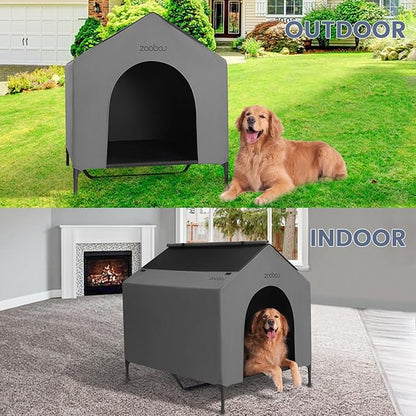 42 Outdoor Dog House for Large Breeds, Durable Large Dog Shelter with Weatherproof 600D PVC Canopy, Breathable 2x1 Textilene Fabric Elevated Dog Bed, XL Dog Kennel for Outside Use