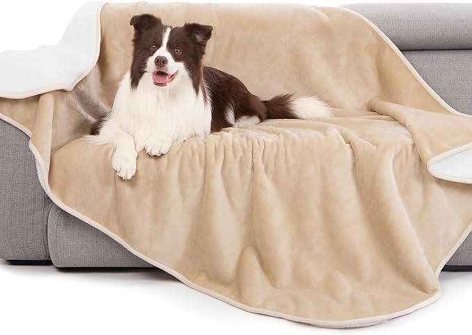 gogobunny Waterproof Bed Blanket, Reversible Sherpa Fleece Throw Blanket for Dog Puppy Cat, Furniture Cover Protects Bed Couch Sofa from Liquid Pee and Pet Fur (Beige, 50x60 inches)