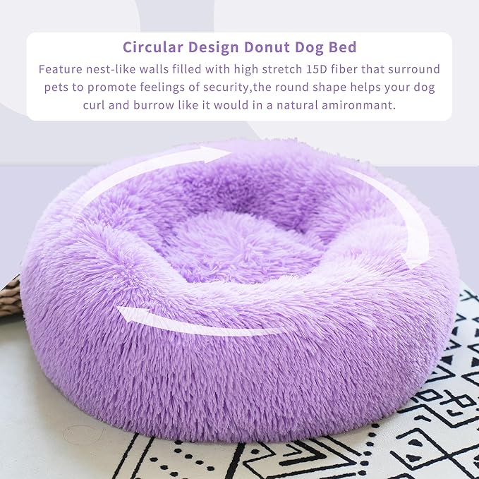 Purple Dog Bed for Small Dogs 19 Inch Donut Cuddler Plush Cat Calming Bed with Machine Washable, Non-Slip Fluffy Dog & Cat Calming Cushion Bed for Joint-Relief and Sleep Improvement