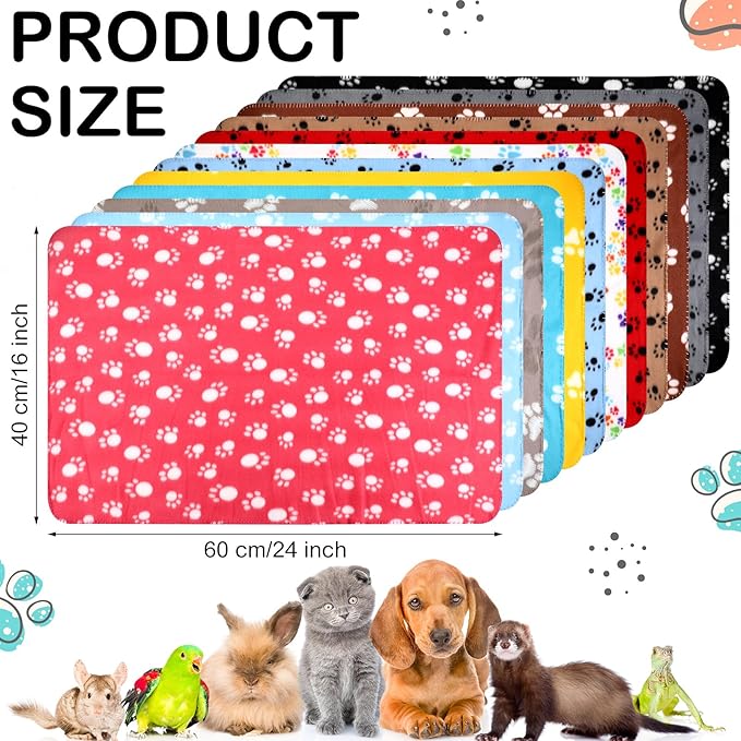 Tegeme 12 Pieces Fleece Blankets for Pets Dog Puppy Paw Print Cat Bedding Cover Blanket for Small Animals Pig Cage Liner Sleep Mat Pad Kitten Soft Warm(Cute Style,16 x 24 Inches)